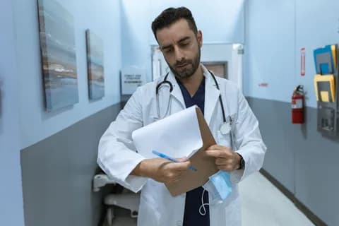A doctor in a lab coat reviews a medical chart in a hospital hallway. PNG