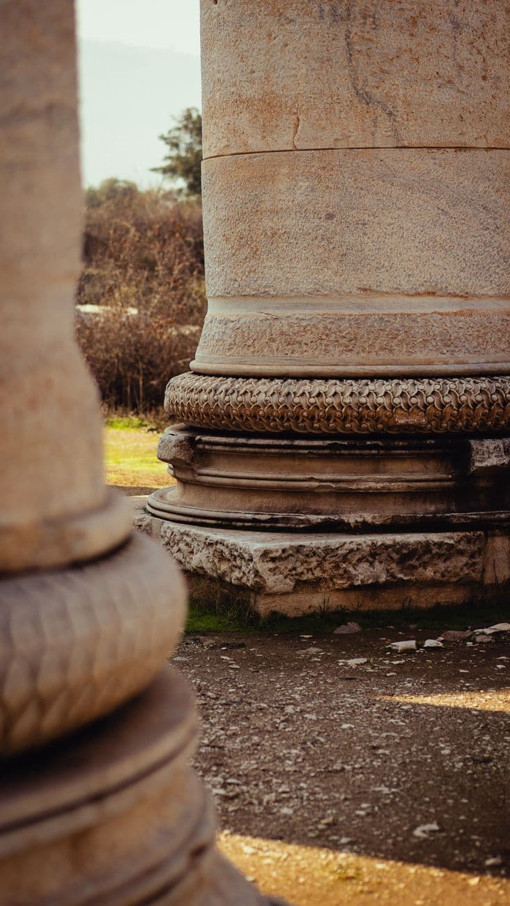 Close-up view of ancient stone columns with intricate carvings outdoors.