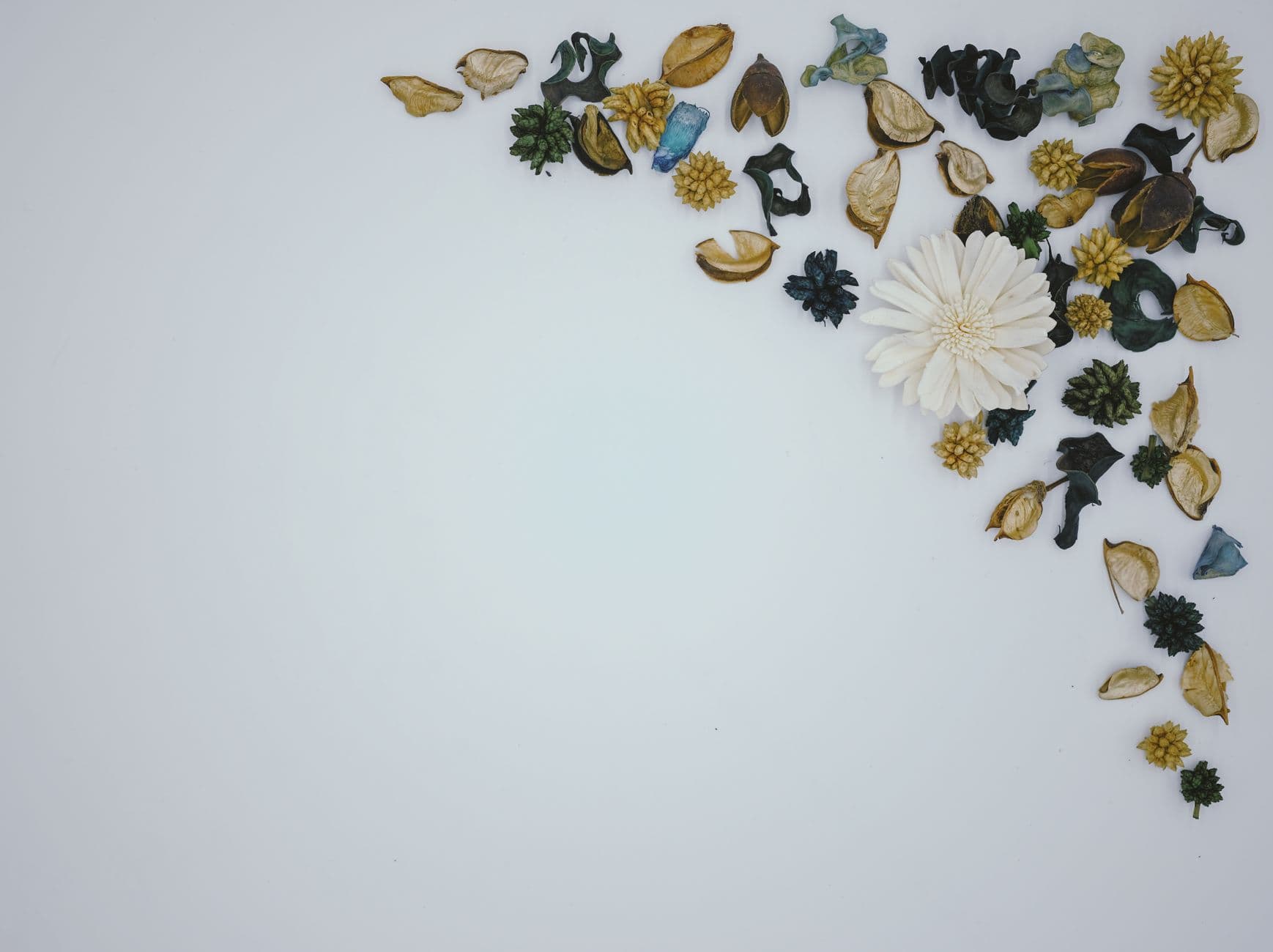 Elegant potpourri arrangement with dried flowers and leaves for decoration.
