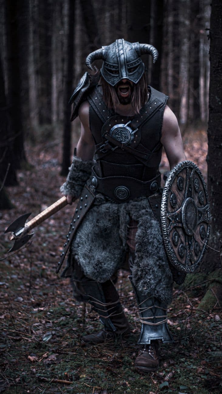 A fierce Viking warrior in detailed armor, holding an axe and shield, standing in a dense