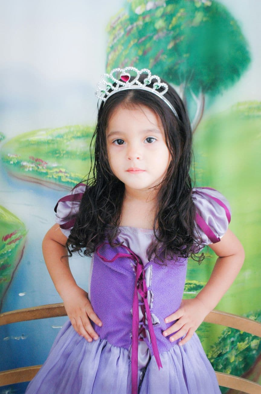 Charming portrait of a young girl in a purple dress and tiara against a serene countryside