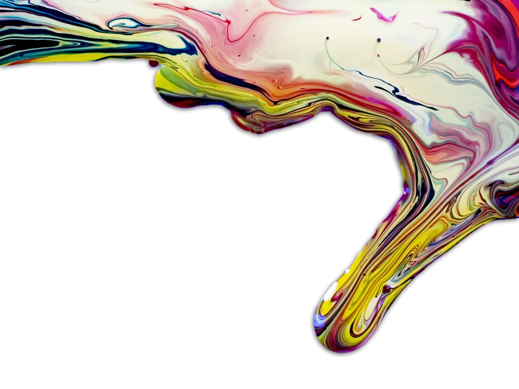 Colorful fluid art with swirling acrylics on a white surface, showcasing vibrant abstract