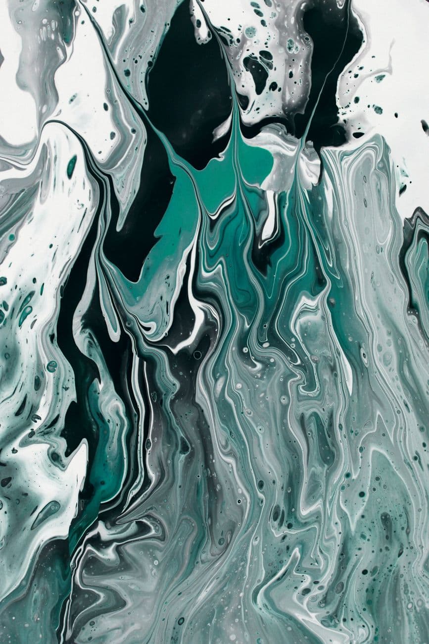 Dynamic fluid art piece featuring teal, black, and white swirling patterns in an abstract